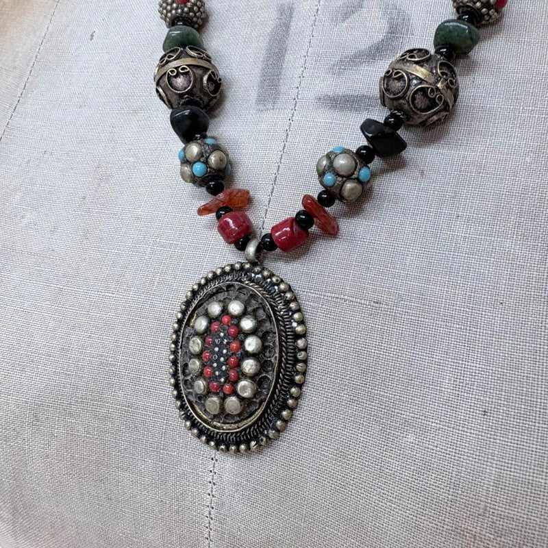 chunky beaded engraved boho necklace