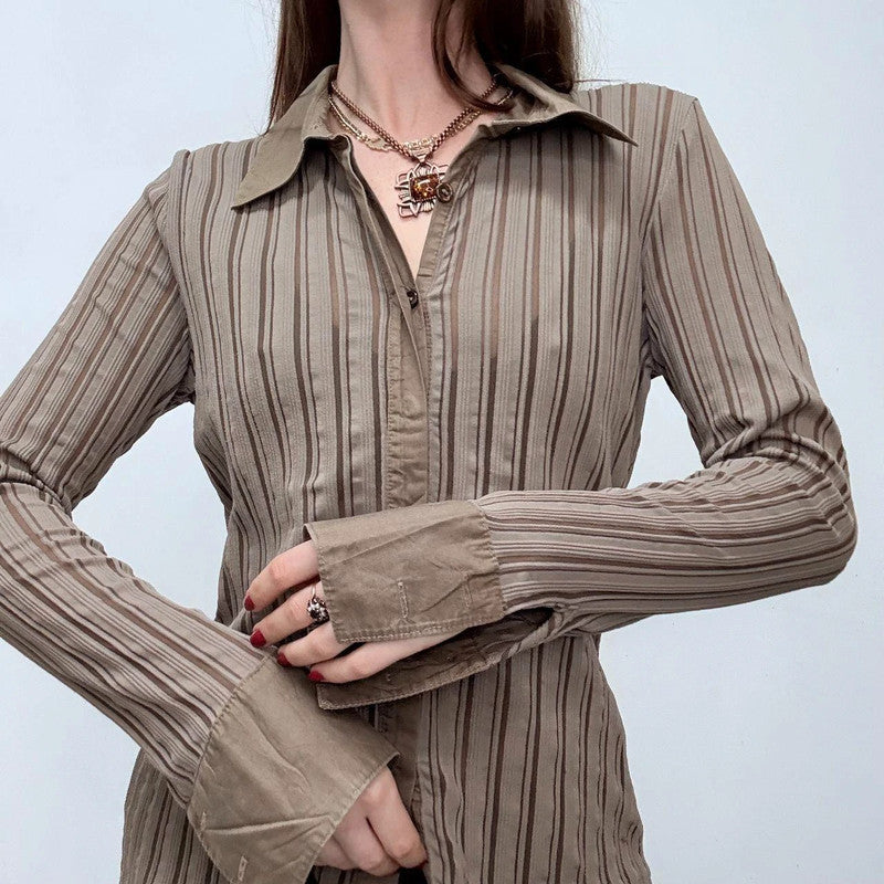 brown pinstripe flared shirt