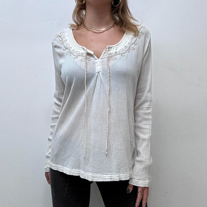 white embroidered flared cheesecloth shirt