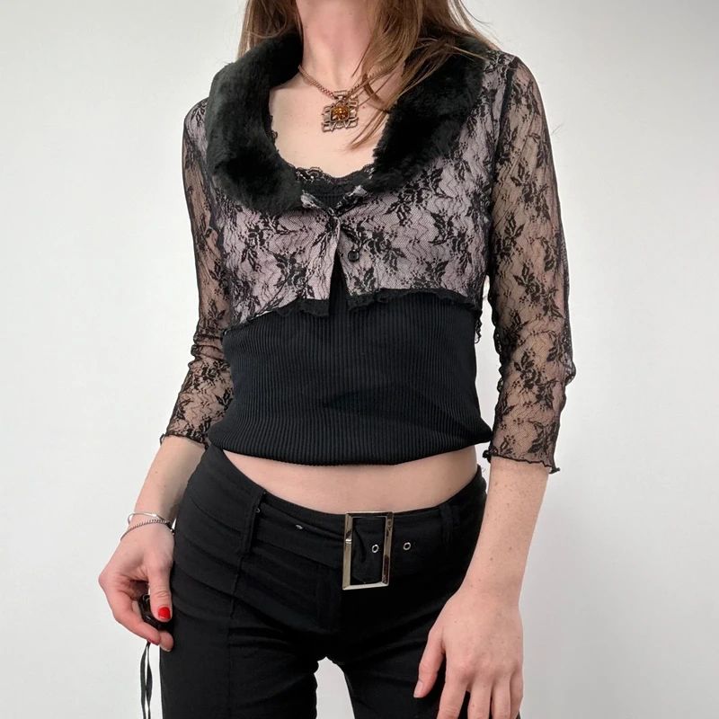 Lace Cropped Cardigan with Faux Fur Collar