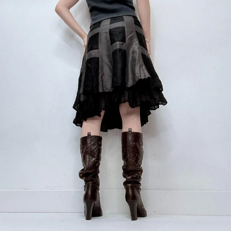 black layered flared ruffle silk skirt