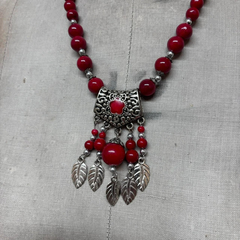 red silver boho necklace