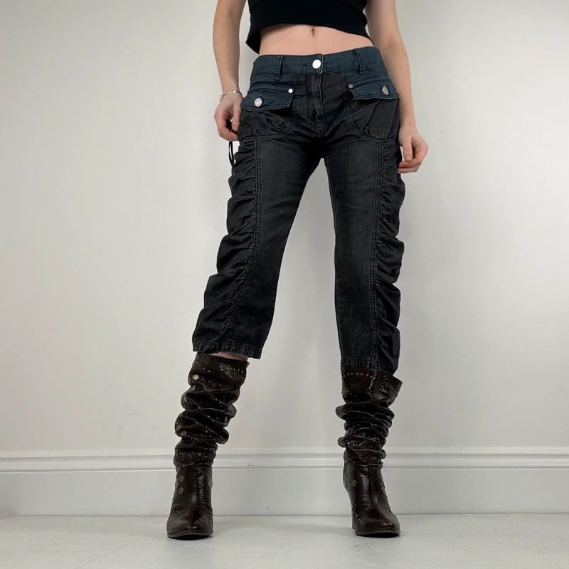 gathered cinched denim cropped pants