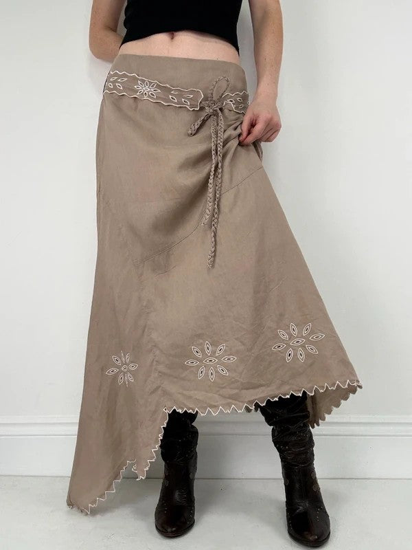Beige linen boho western asymmetrical flared maxi skirt