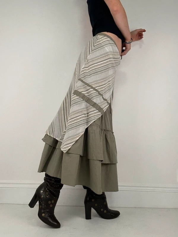 khaki layered pleated ruffle cotton maxi skirt