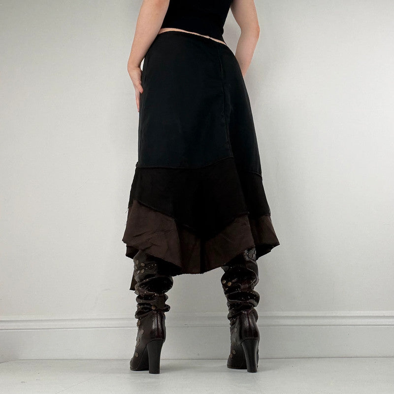 panelled patchwork asymmetric black midi skirt