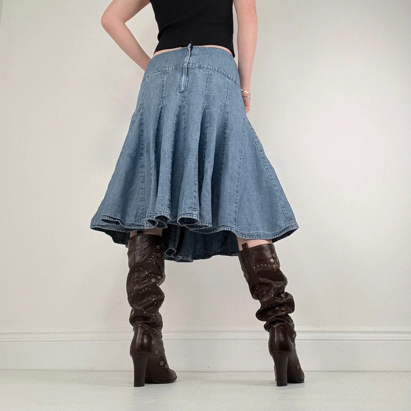 flared denim panelled midi skirt