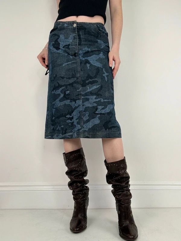 dark denim camo printed midi skirt