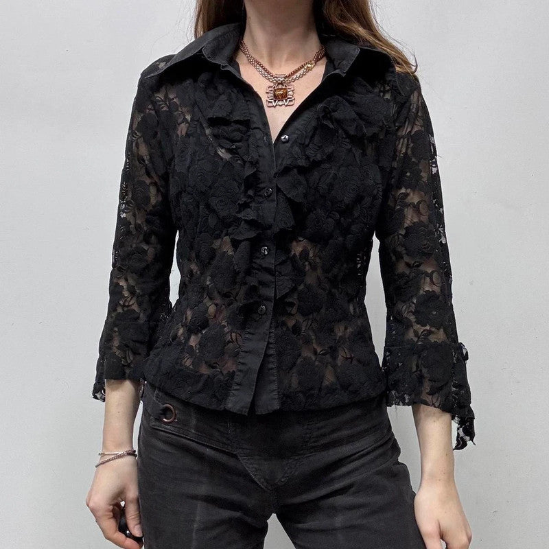 black sheer lace flared shirt