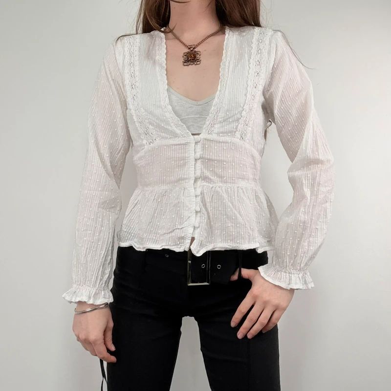 white cotton flared embroidered lace blouse