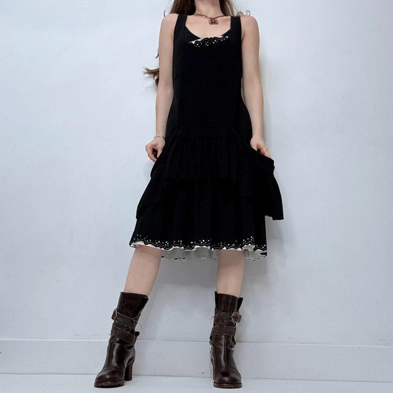 black layered pleated midi dress