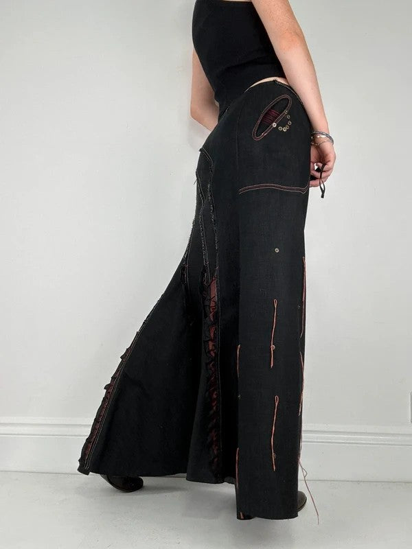 Flared black distressed maxi skirt