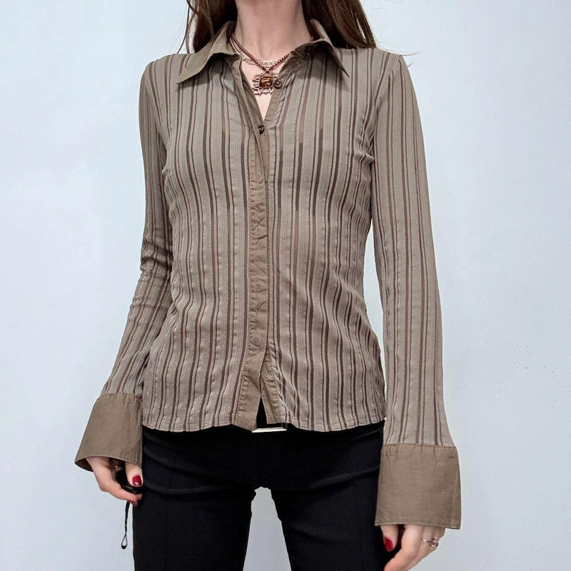 brown pinstripe flared shirt