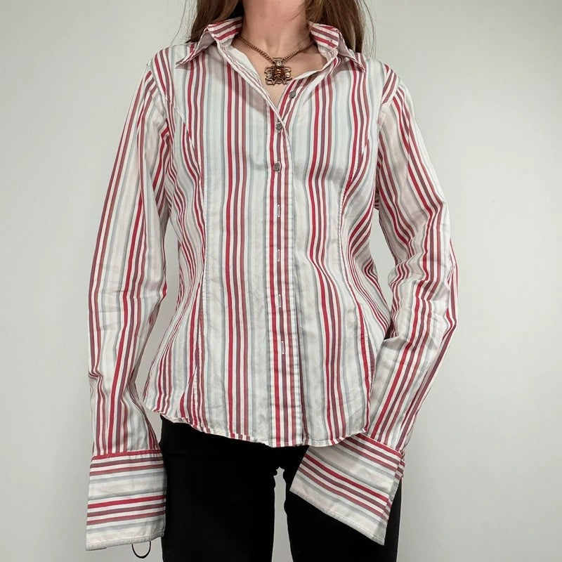 pinstripe preppy fitted flared white and red shirt