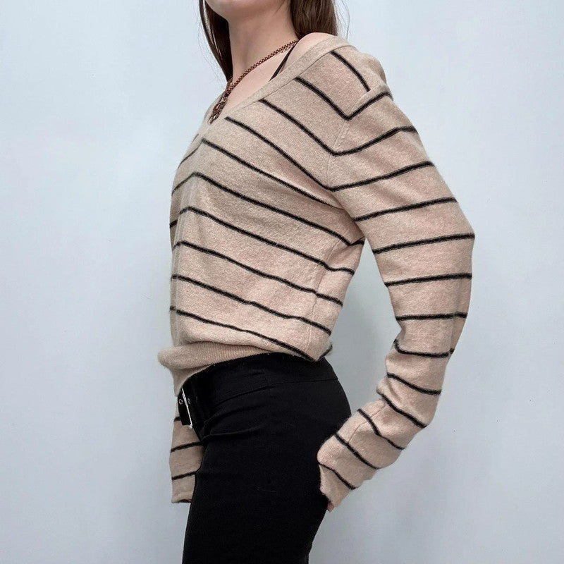 tan pinstripe wide neck slouchy jumper