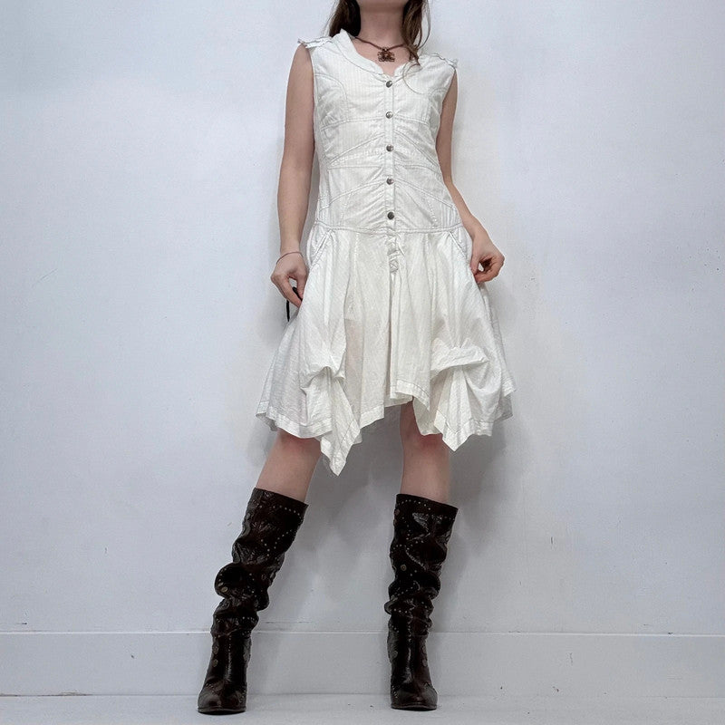 white pinstripe draped ruffle dress