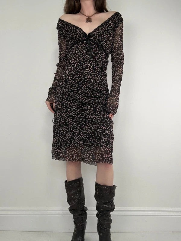 black polkadot long sleeve mesh slouchy dress