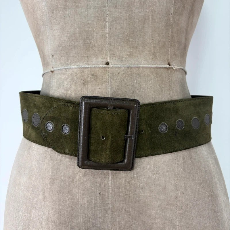 Khaki suede thick leather belt