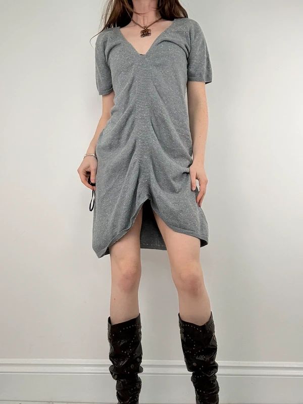 grey gathered draped front asymmetric dress