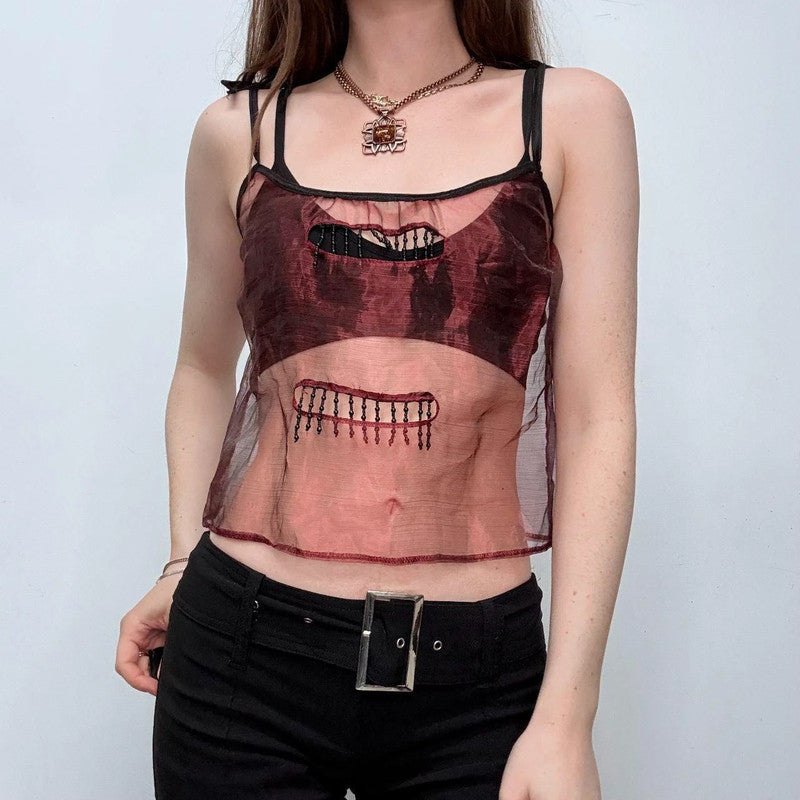 sheer red beaded tassel fray vest