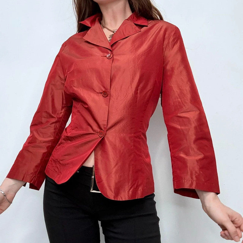 red flared silk shirt