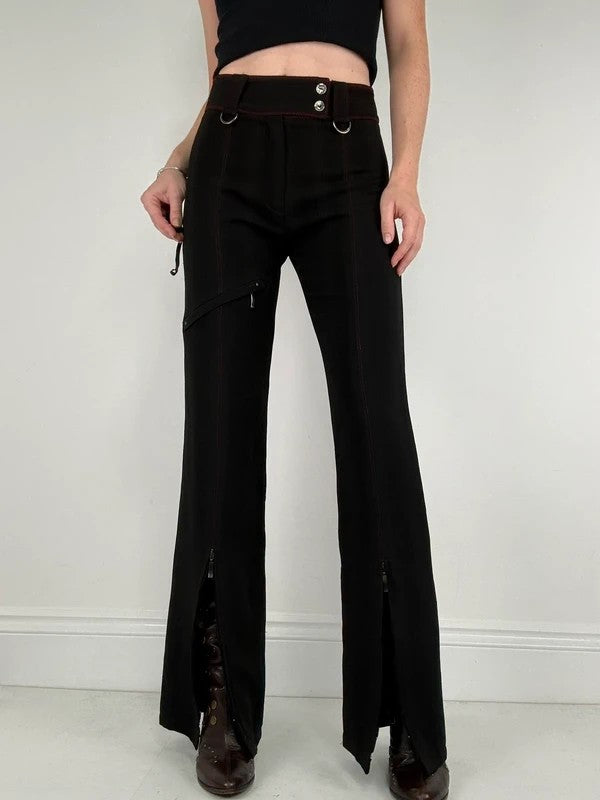 black pinstripe flared gothic d-ring utility trousers