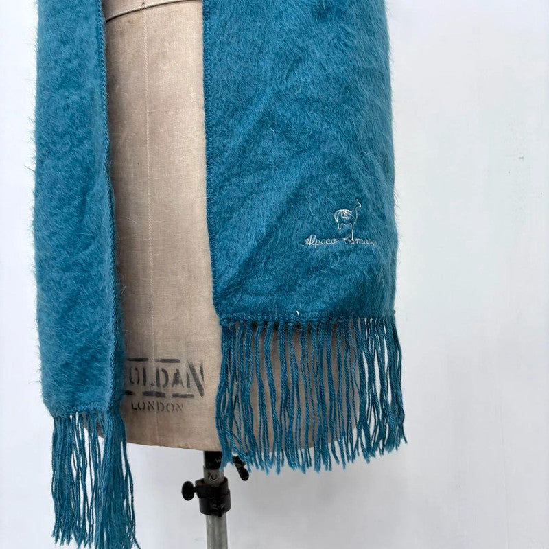 blue wool mohair knit tassel scarf