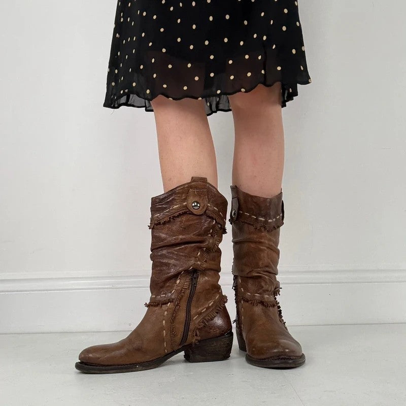 Brown leather slouchy western boots
