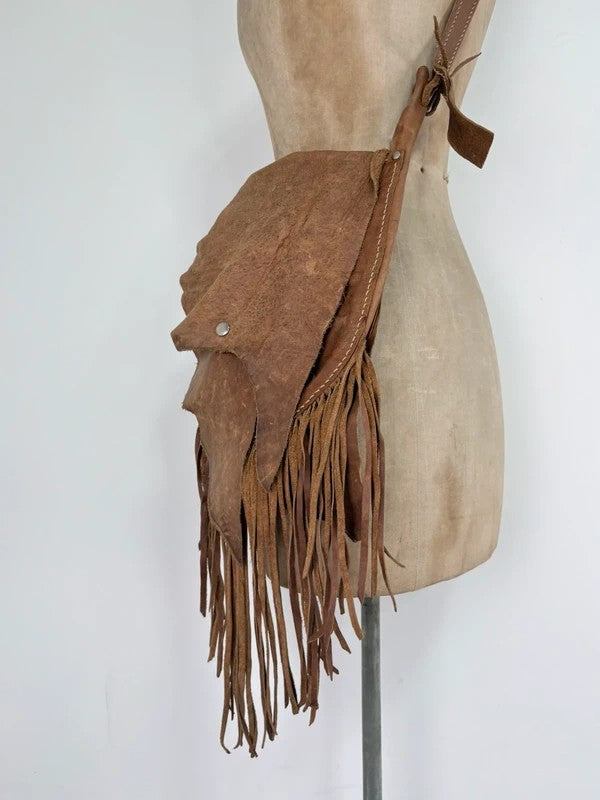 Vintage tan boho fringe satchel suede bag