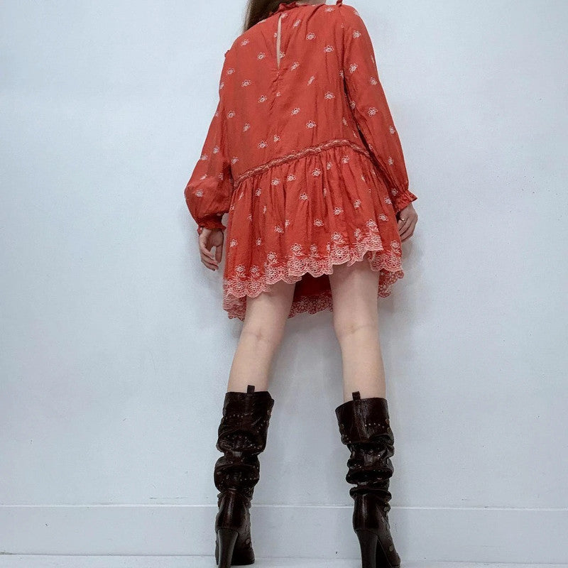 orange boho embroidered puff boho dress