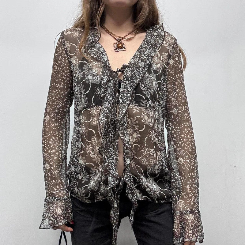 sheer paisley printed brown fairy shirt