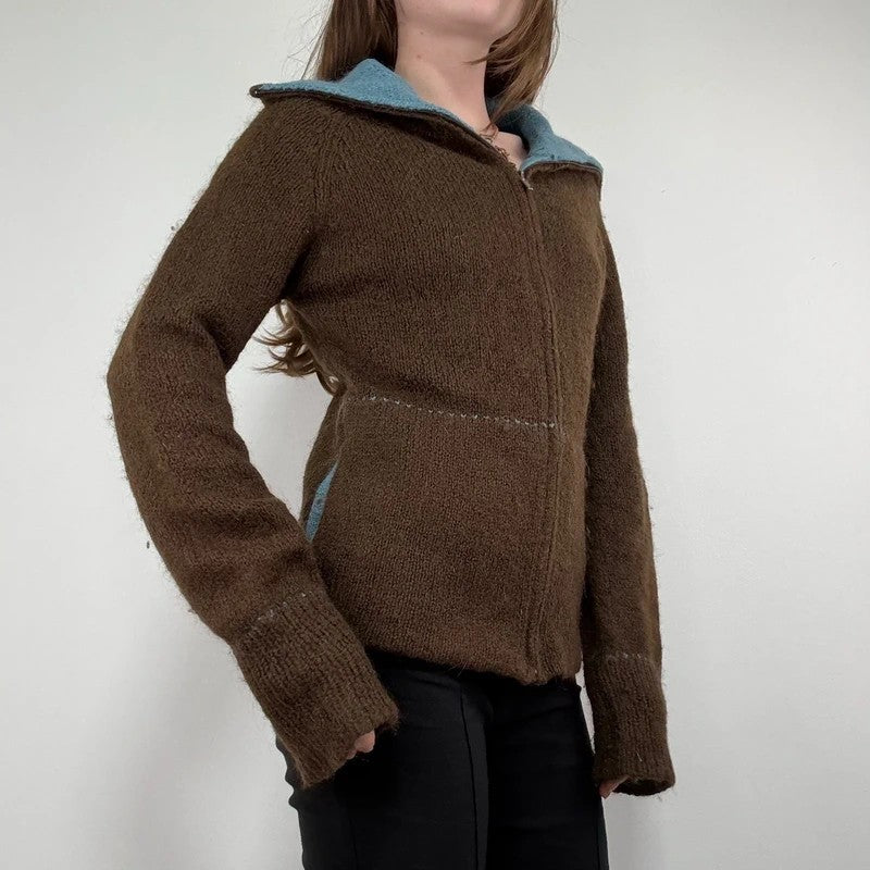 brown knit flared zip through cardigan