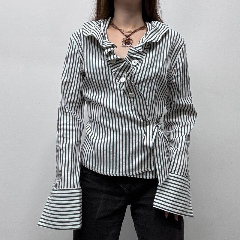 white pinstripe wrap ruffle shirt