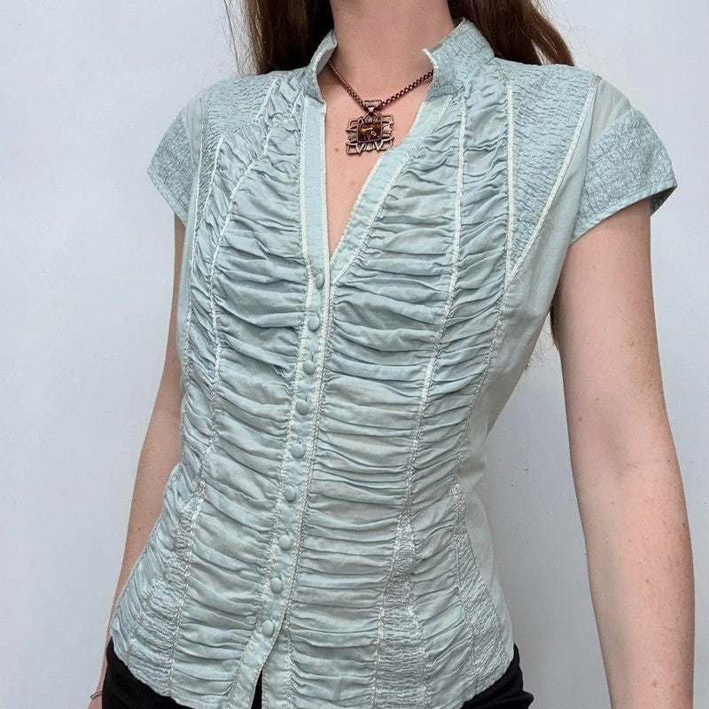 blue gathered cinched corset shirt