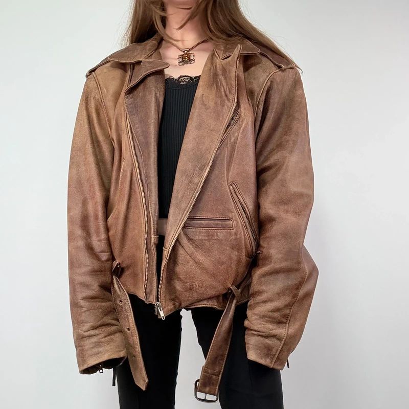 Oversized Brown leather Slouchy Biker Jacket