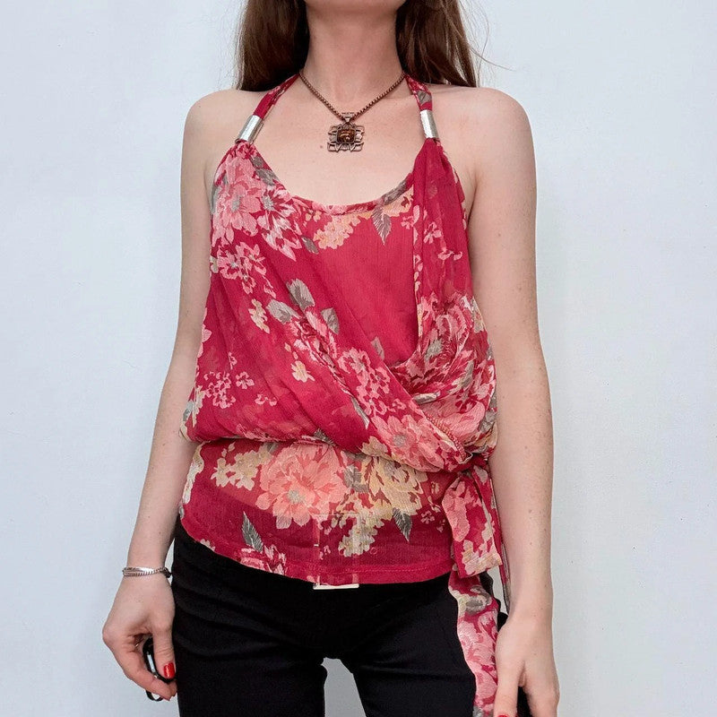 red floral elegant draped vest