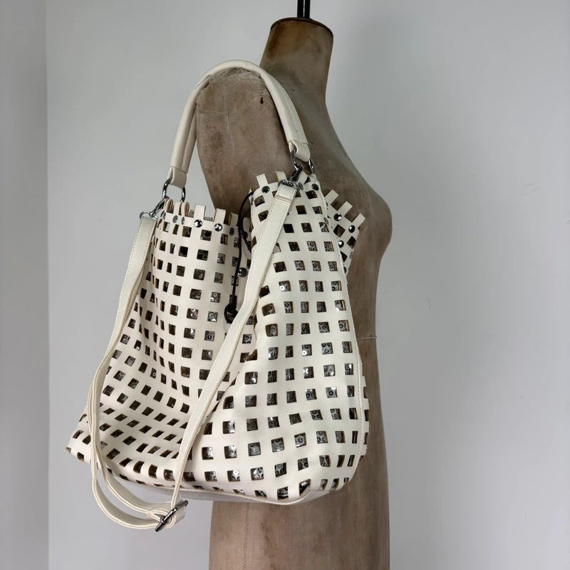 Studded faux-leather woven glitter hobo bag