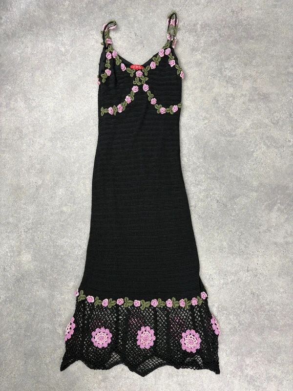 rene derhy crochet floral black summer maxi dress