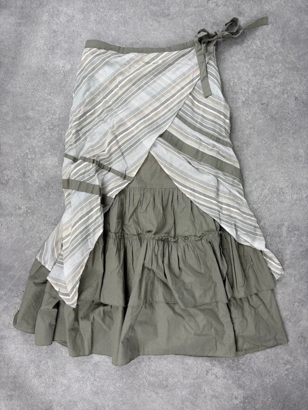 khaki layered pleated ruffle cotton maxi skirt