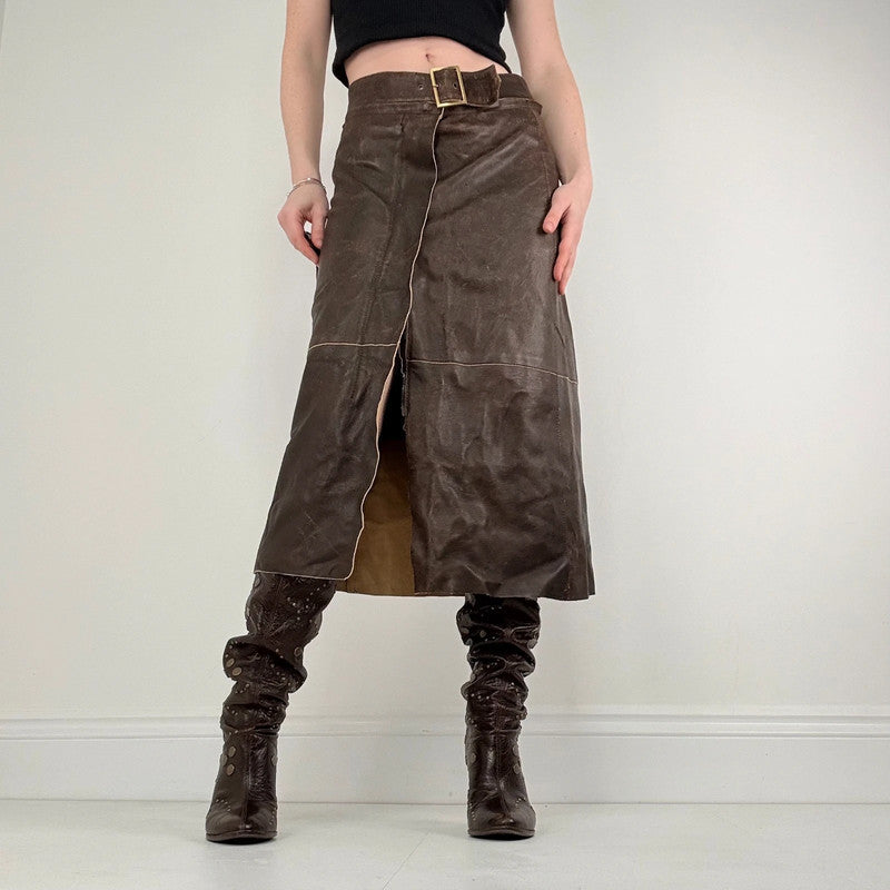 chocolate brown leather a-line midi skirt