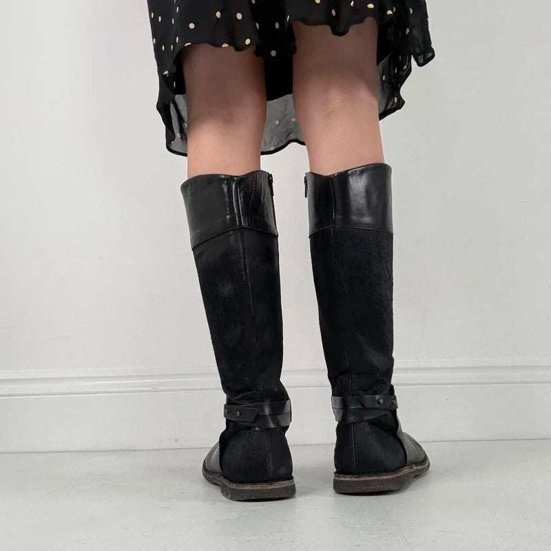 Black leather cowhide pony skin knee high boots