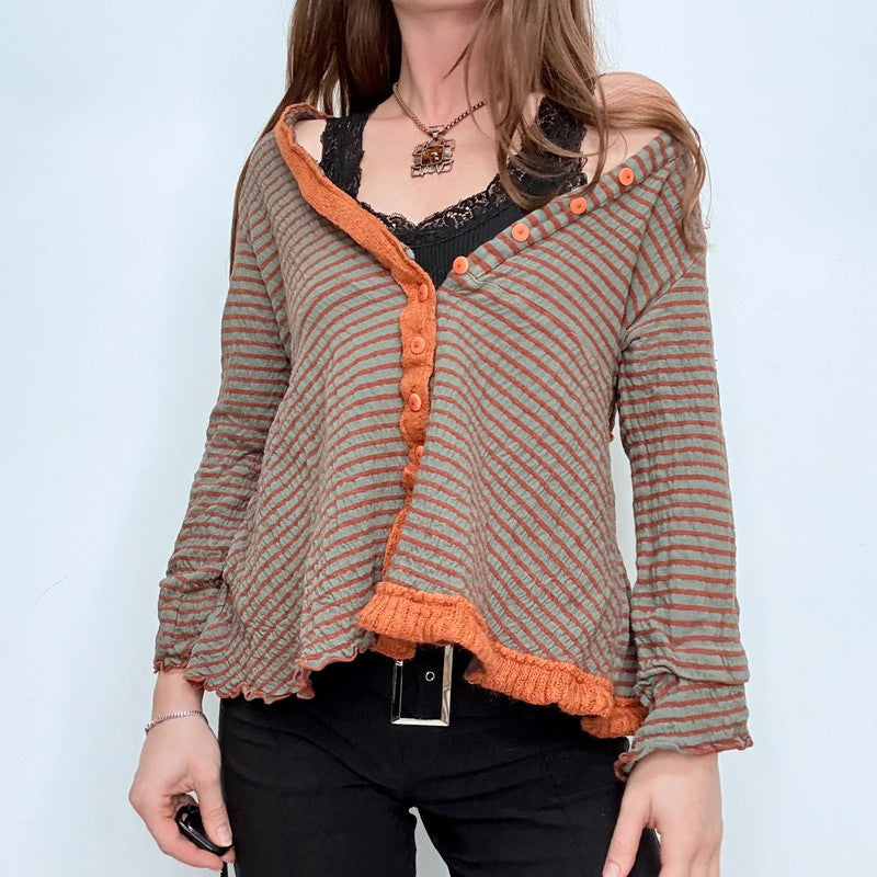 brown pinstripe flared cardigan