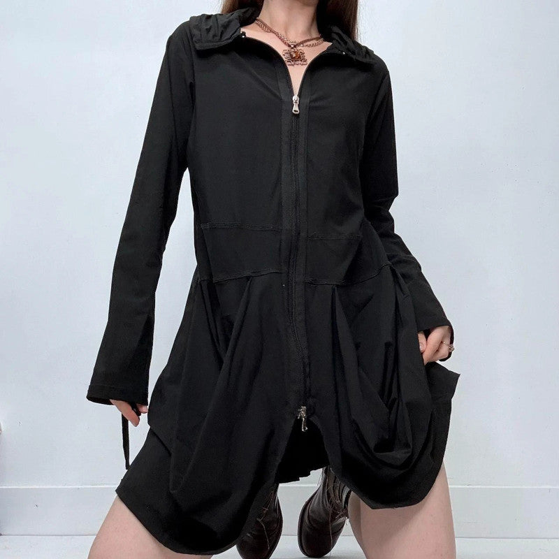 black gathered puff long sleeve dress