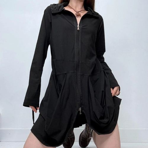 black gathered puff long sleeve dress