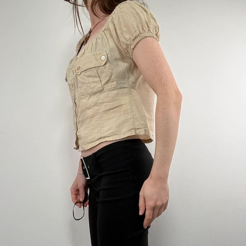tan linen pleated button through slouchy blouse