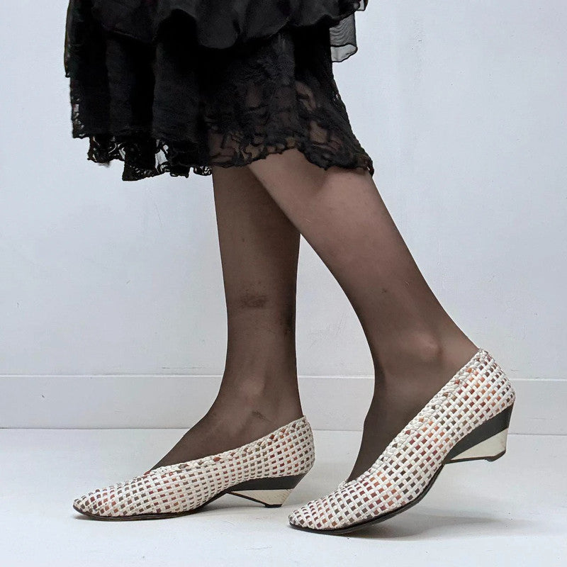 woven white leather ballet pumps