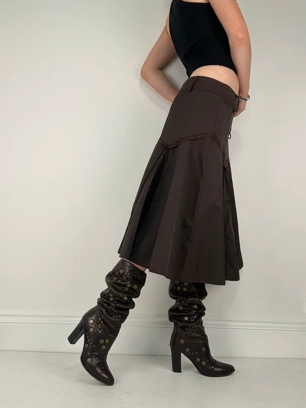 brown asymmetric waistband flared midi skirt