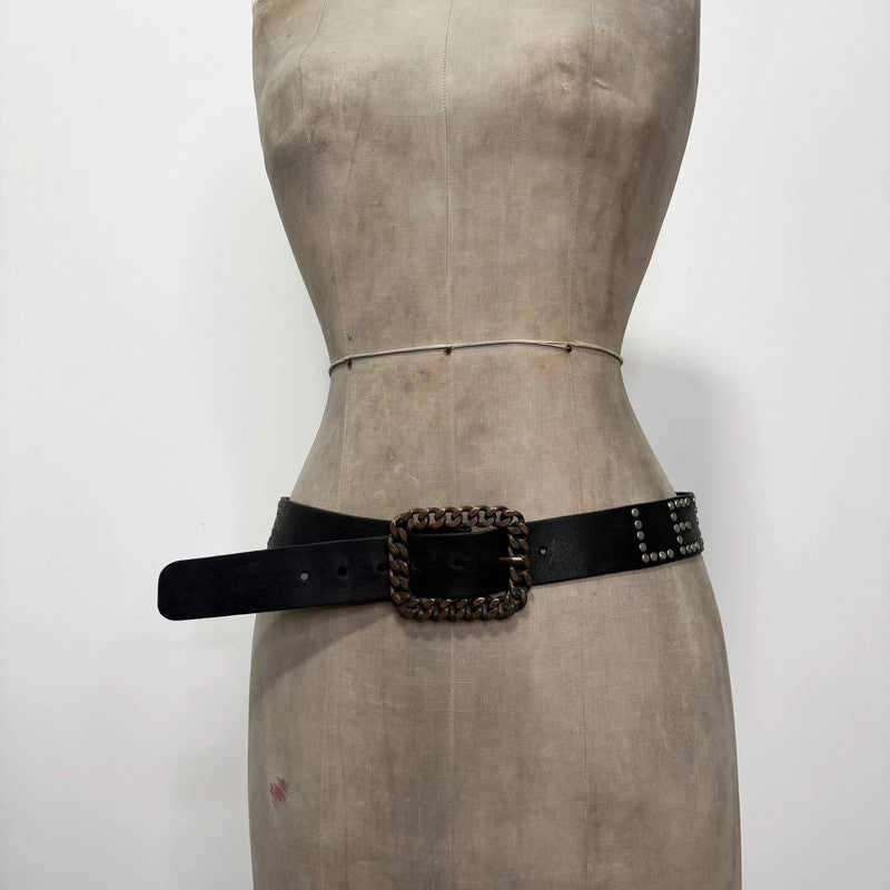 black leather studded spellout belt