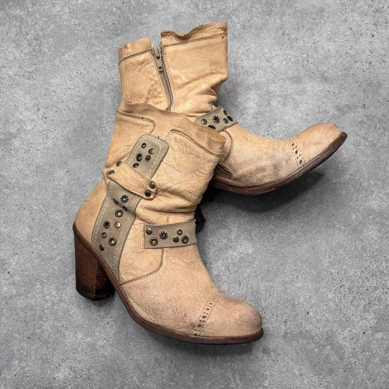 Cream leather studded eyelet boots