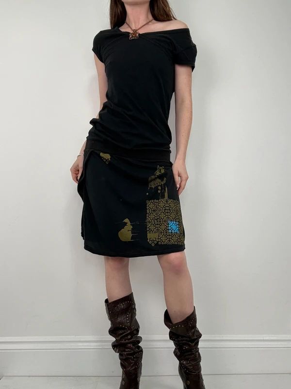 off the shoulder black slouchy drop waist dress